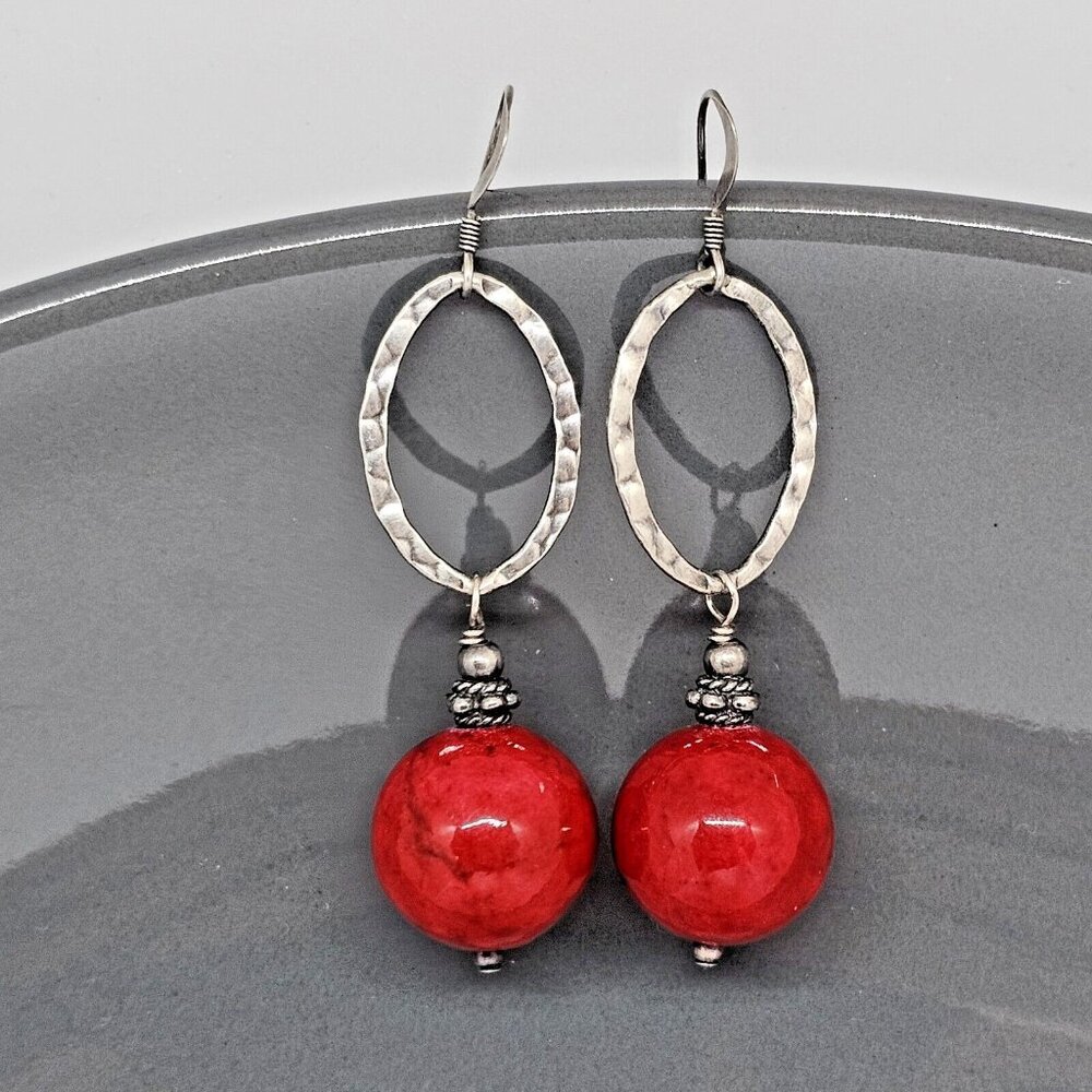 925 Sterling Silver - Red Gem Stone Beaded Dangle Earrings 2"